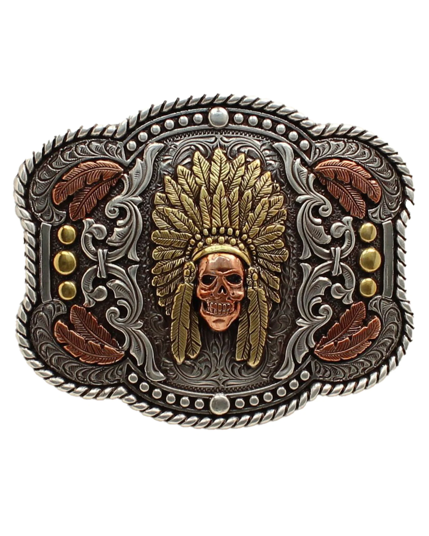 Skull Feathered Headdress Belt Buckle