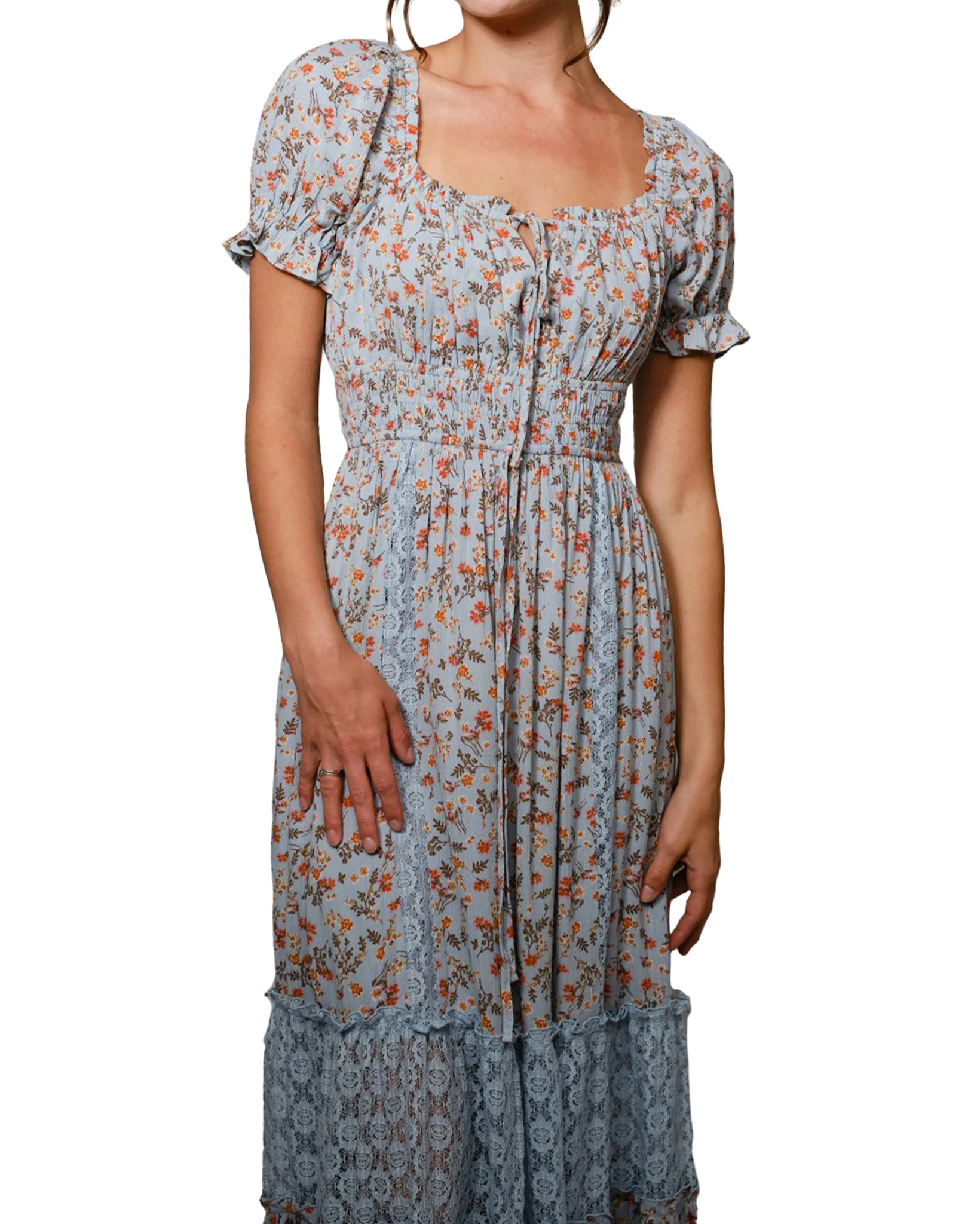 Women's Floral Lace Smocked Puff Sleeve Dress - Image 4