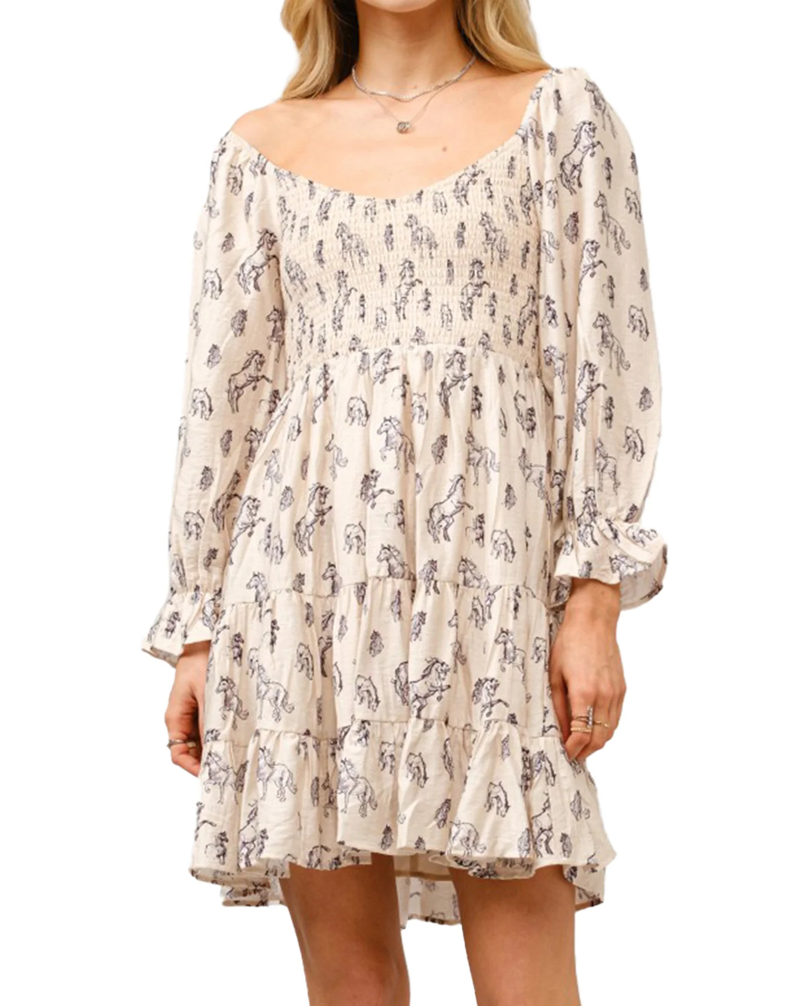 Women's Horse Print Puff Sleeve Tiered Mini Dress