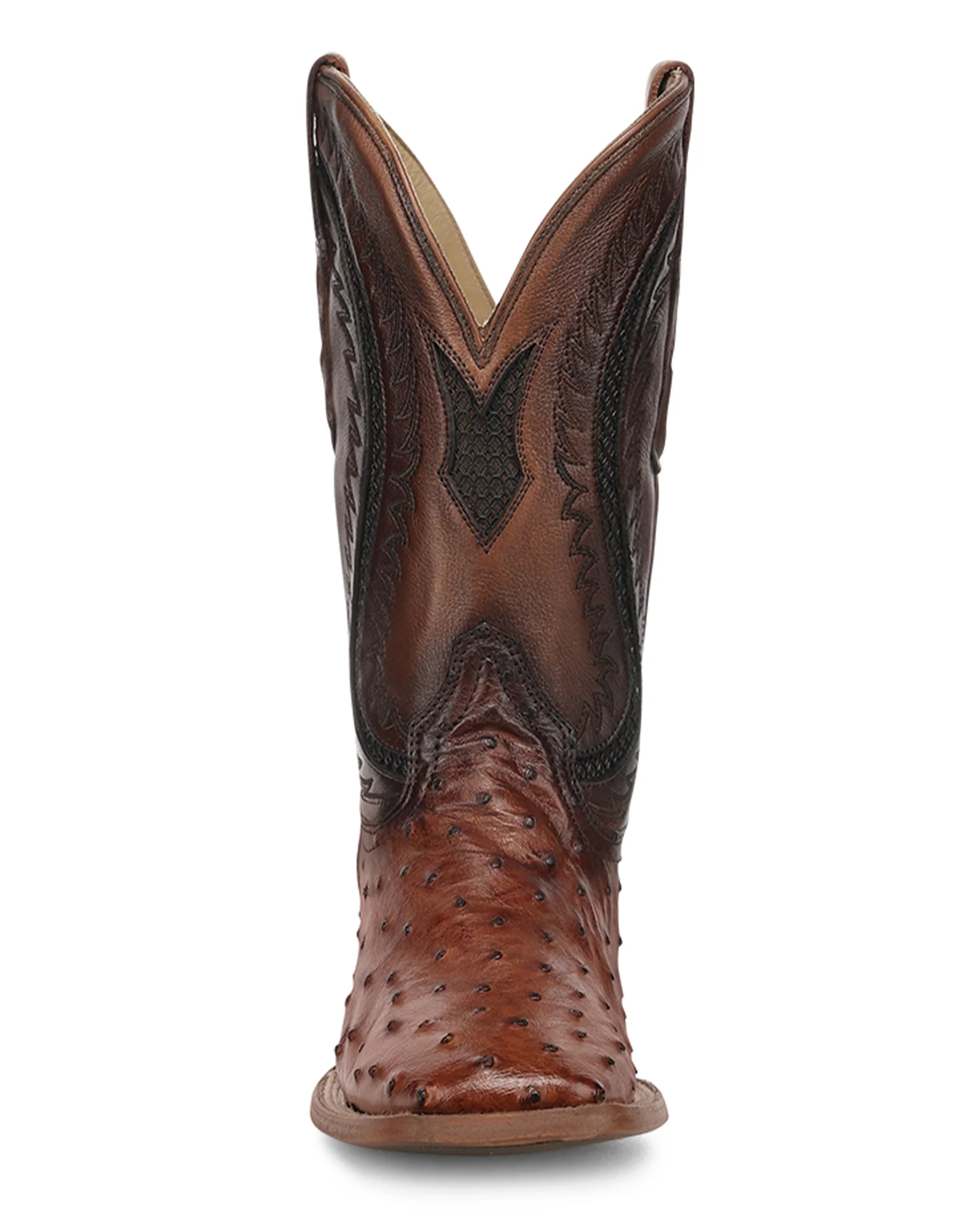 Men's Cognac Ostrich Inlay & Embroidery Wide Square Toe Western Boots - A5111 - Image 3