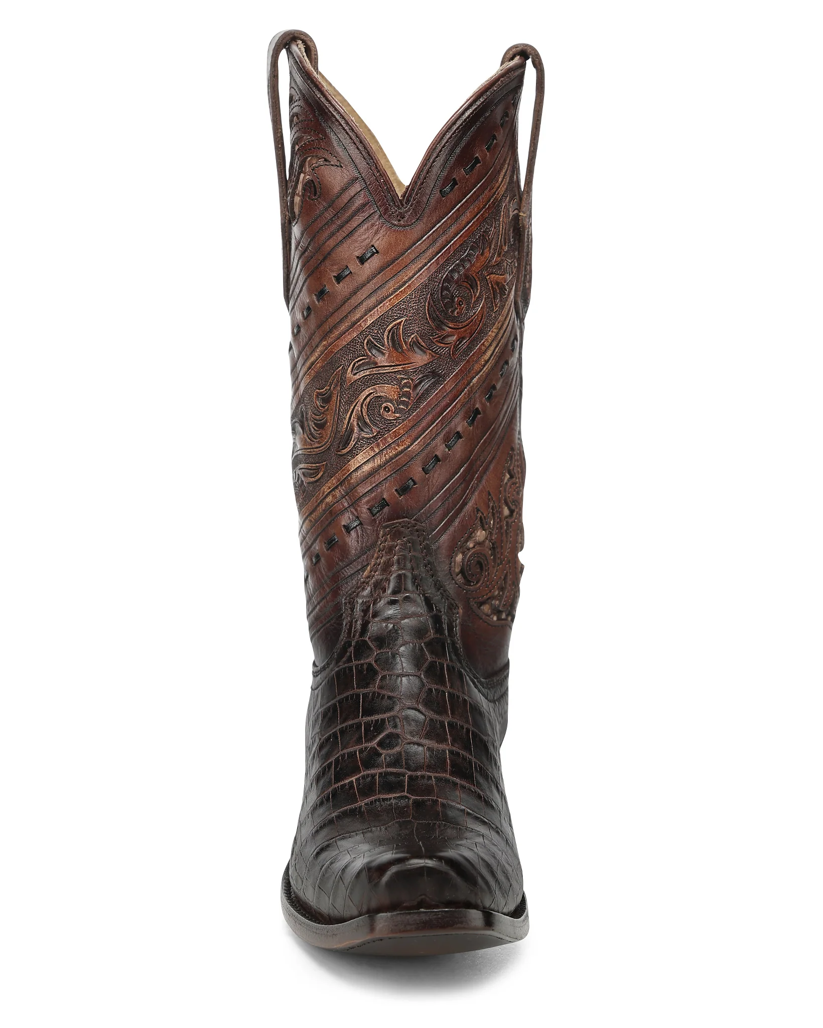 Men's Honey Alligator Tooled & Handwoven Narrow Square Toe Western Boots - A5100 - Image 3
