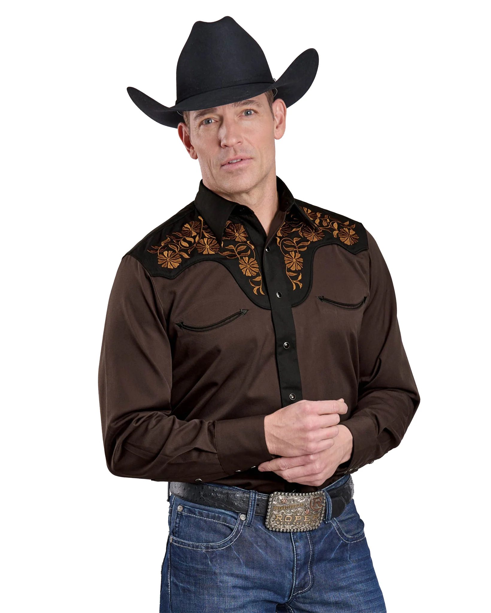 Mens Long Sleeve Snap Chocolate Brown Poly Rayon Western Shirt - 03-001-0040-6003 Br