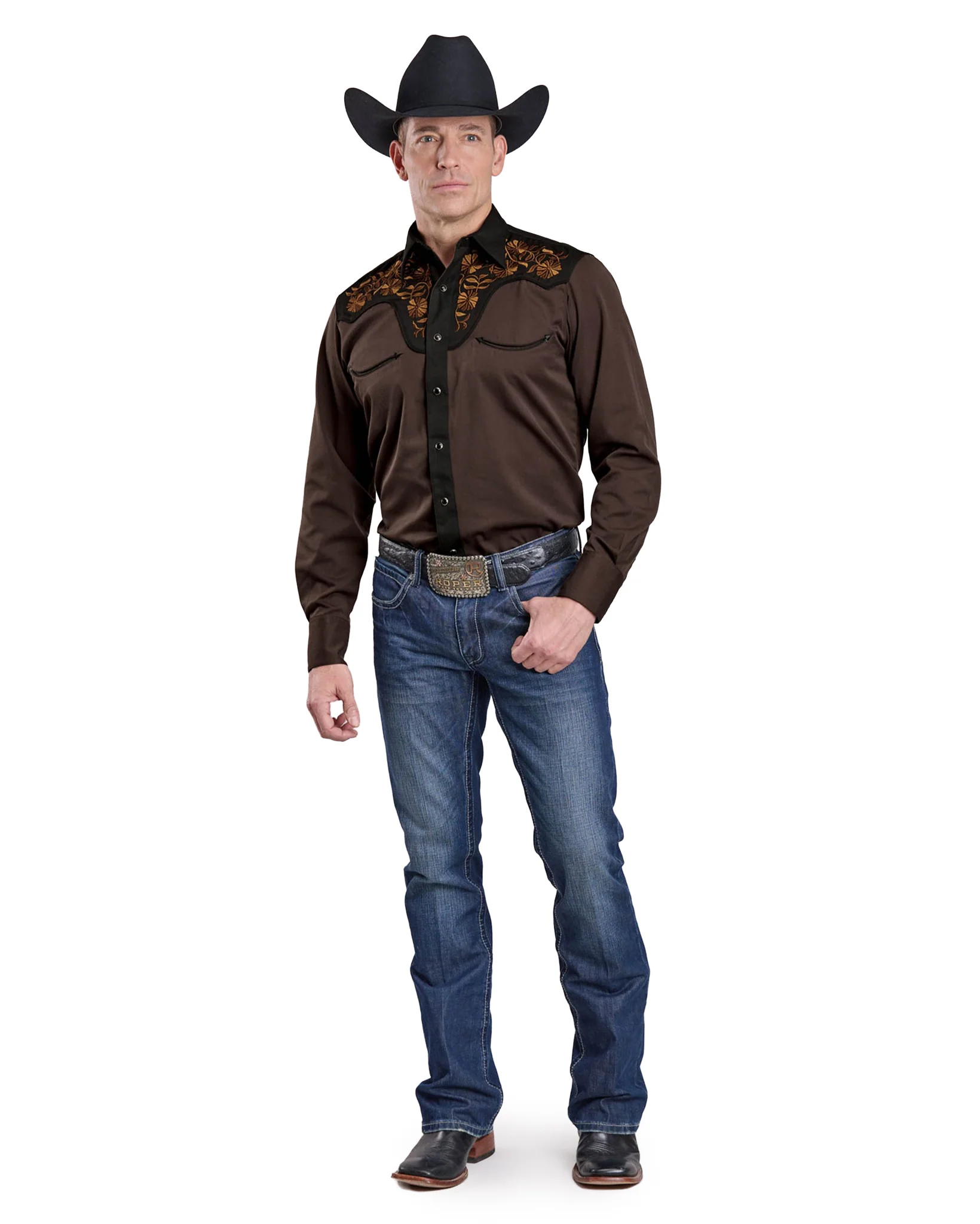 Mens Long Sleeve Snap Chocolate Brown Poly Rayon Western Shirt - 03-001-0040-6003 Br - Image 3