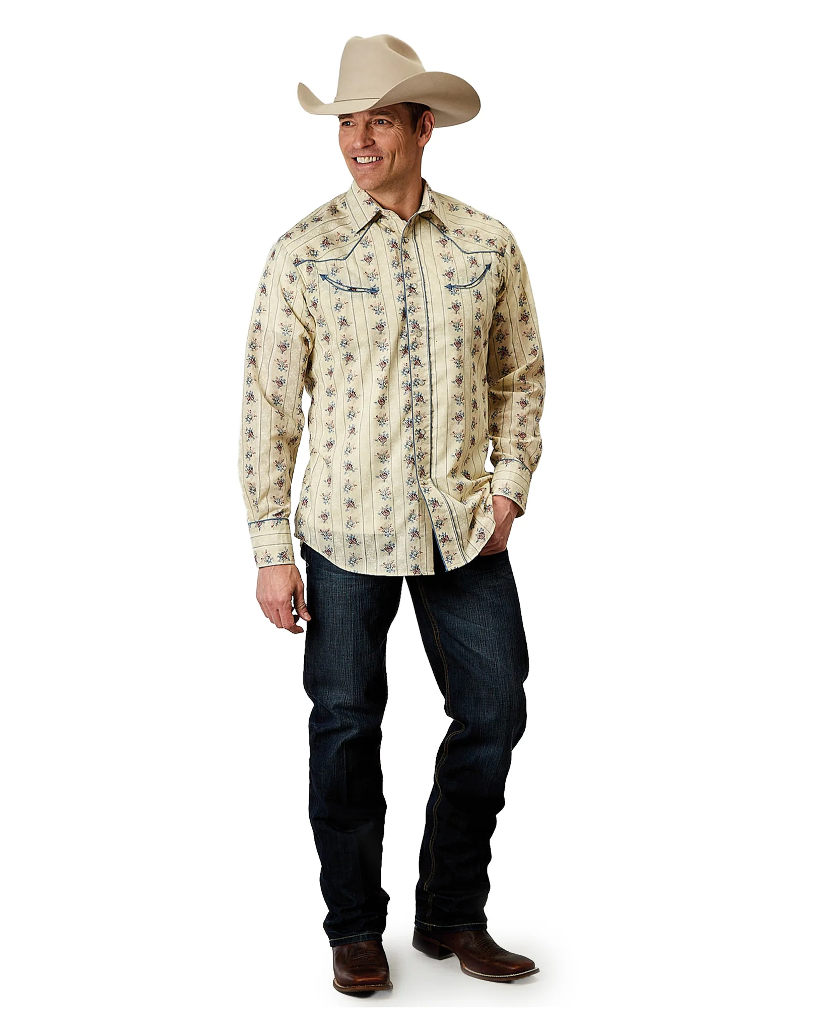 Mens Long Sleeve Snap Floral Stripe Western Shirt With Solid Piping On Front - 01-001-0086-0351 Ye - Image 3