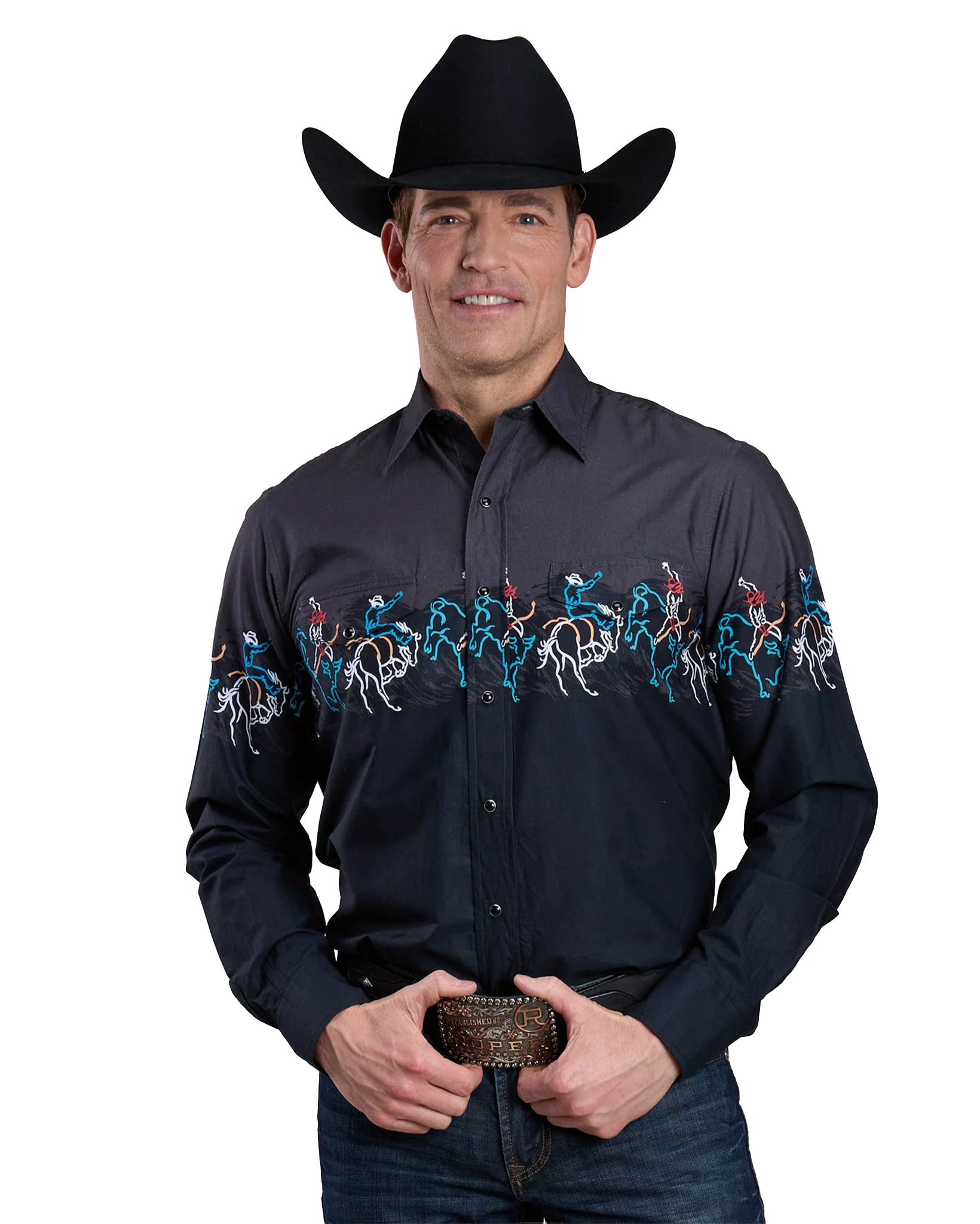 Mens Long Sleeve Snap Painterly Rodeo Border Scenic Print Western Shirt - 03-001-0421-0108 Bl