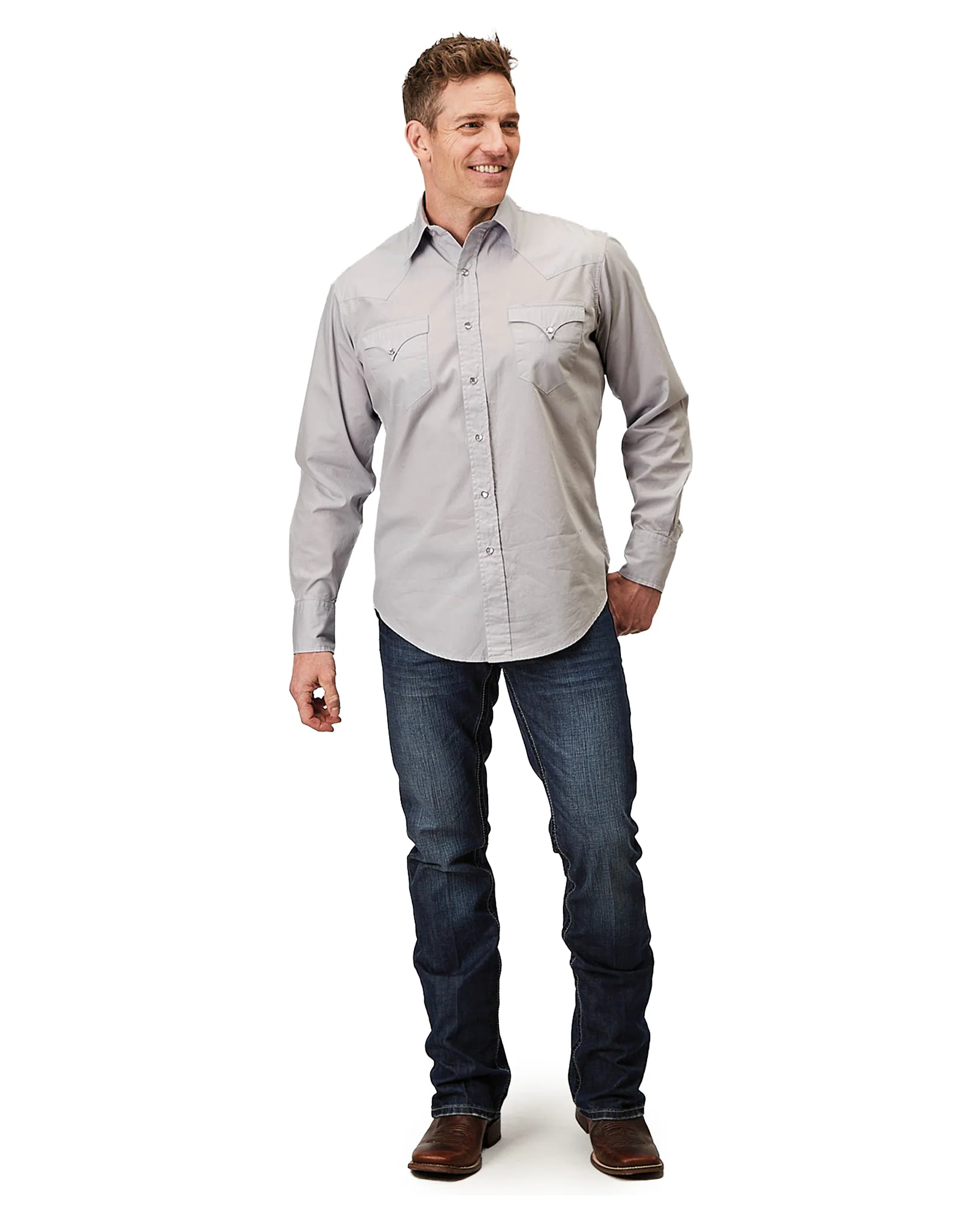 Mens Long Sleeve Snap Solid Poplin Grey Western Shirt - 03-001-0060-0324 Gy - Image 3