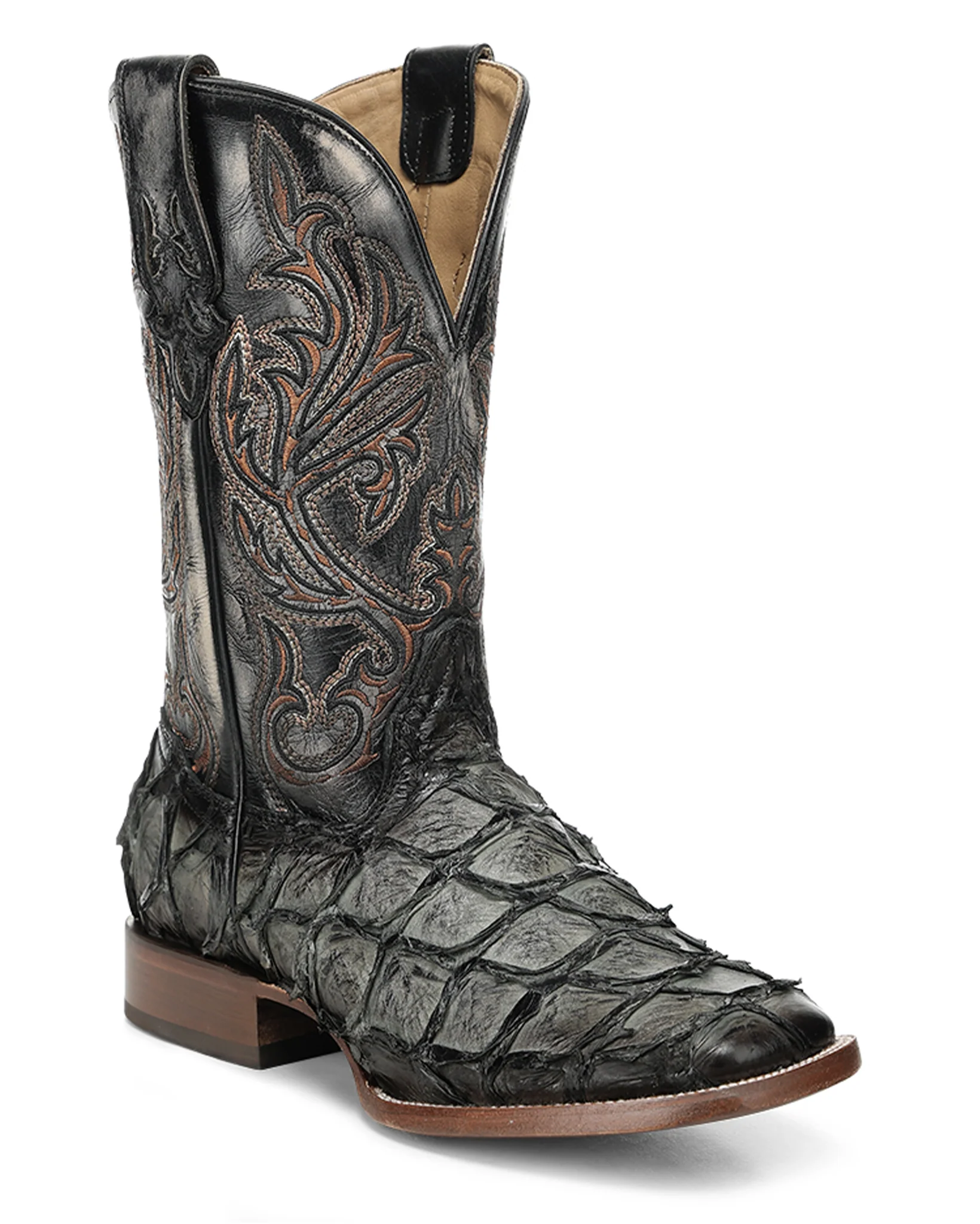 Men's Olive Green Pirarucu Embroidery Wide Square Toe Western Boots - A5055