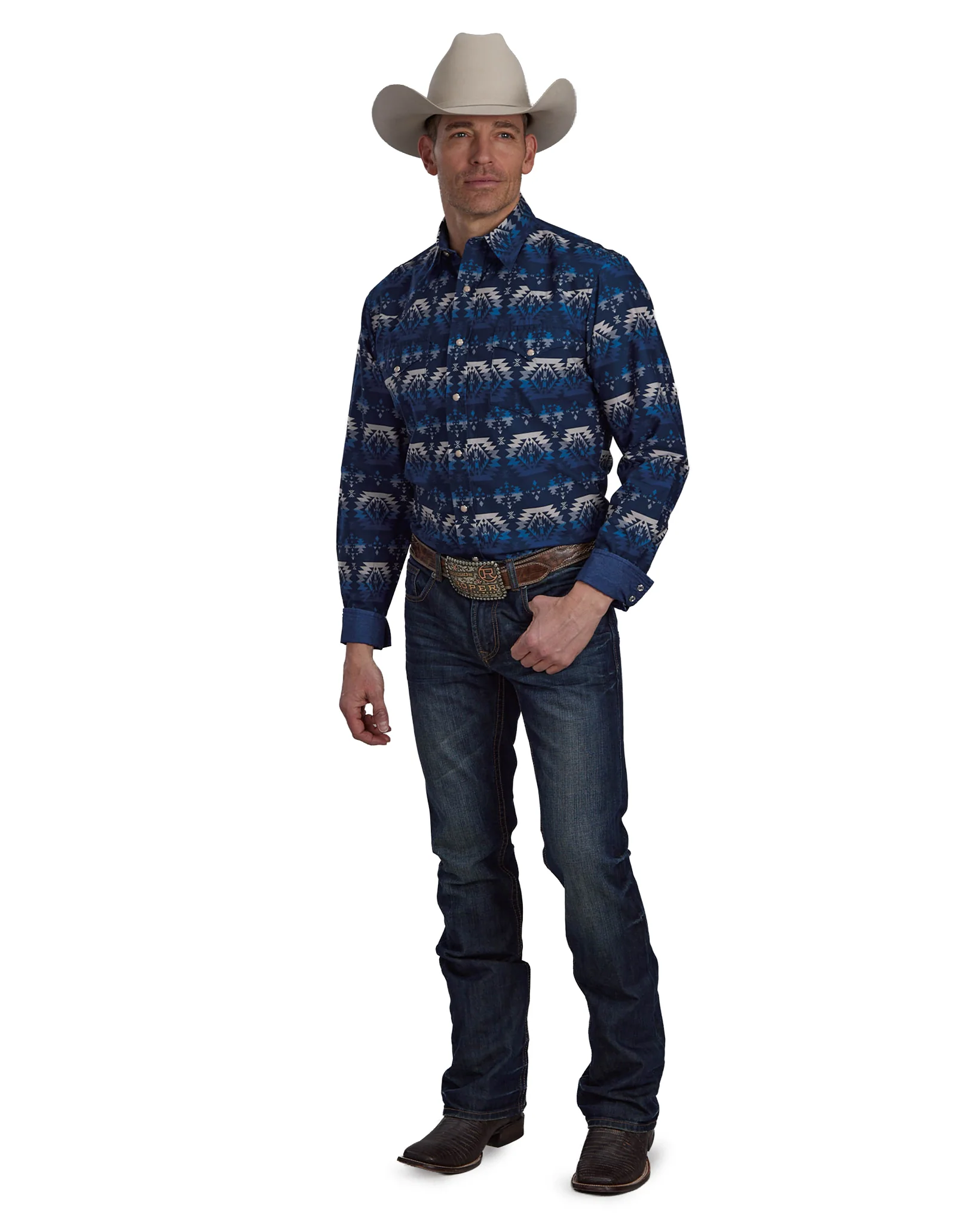 Men's Ombre Aztec Print Long Sleeve Western Shirt - Image 3