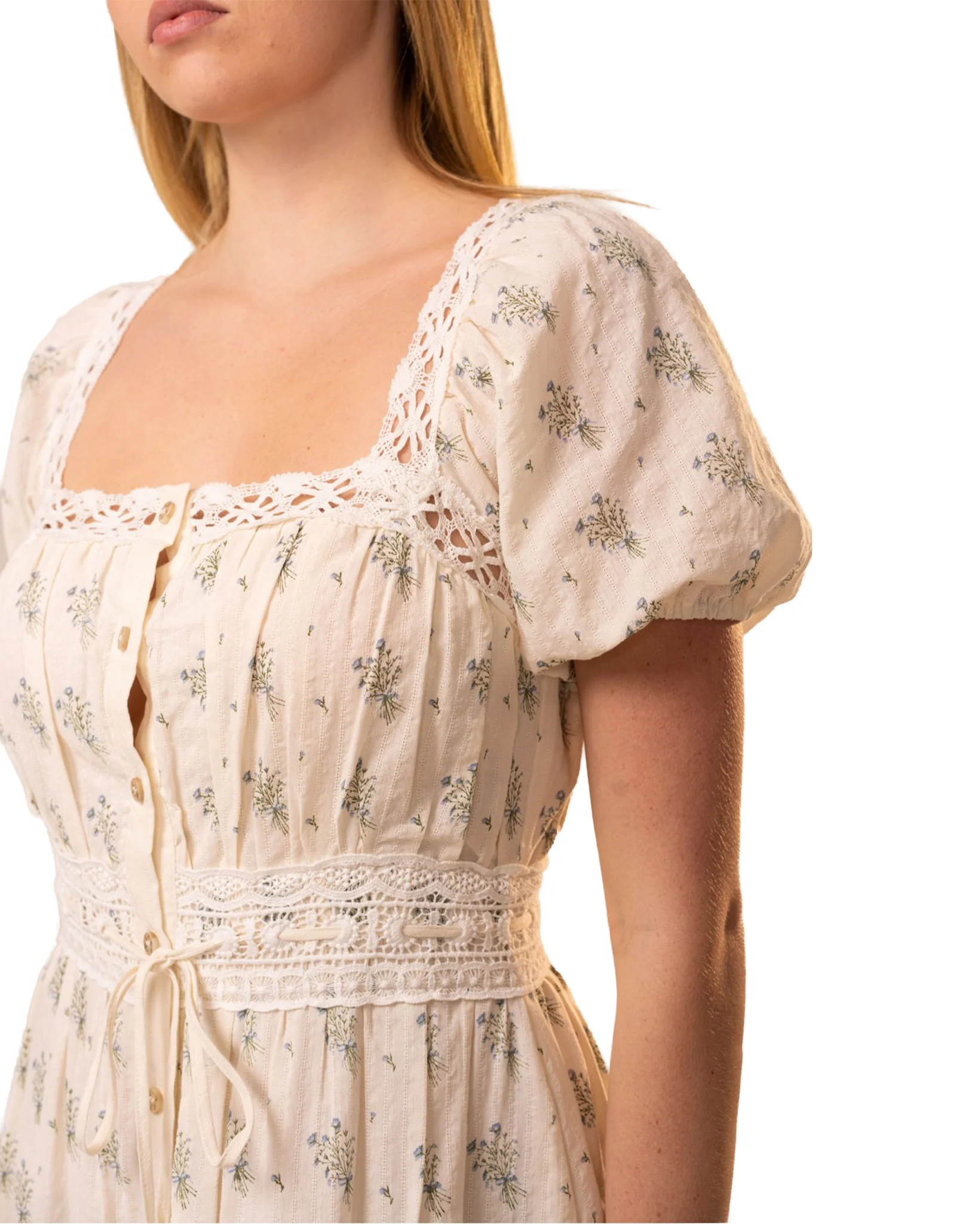 Squared Neck Lace Trim Midi Dress - 95890D-CREAM-SKY-BLUE - Image 3