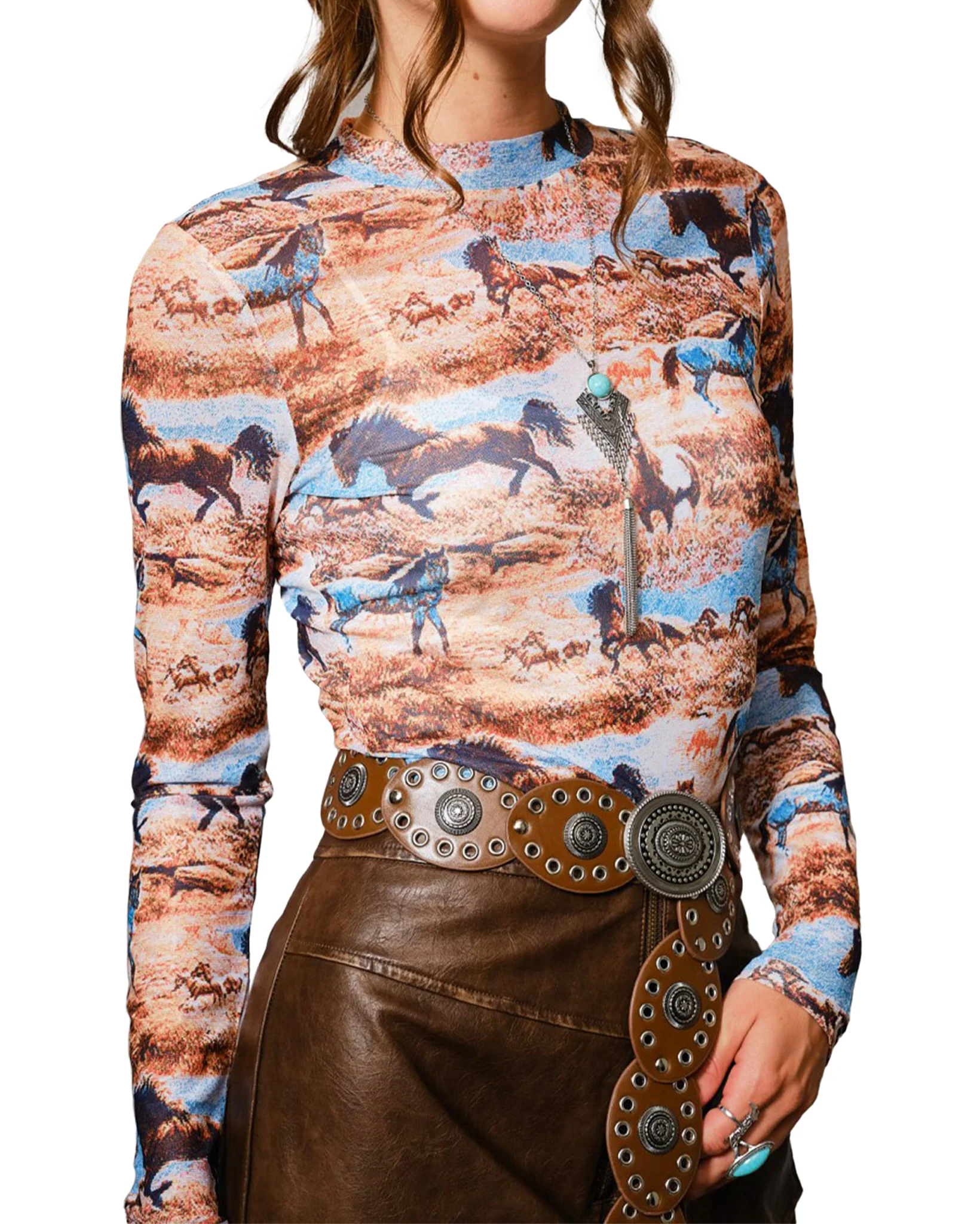 Women's Western Mesh Mock Neck Top