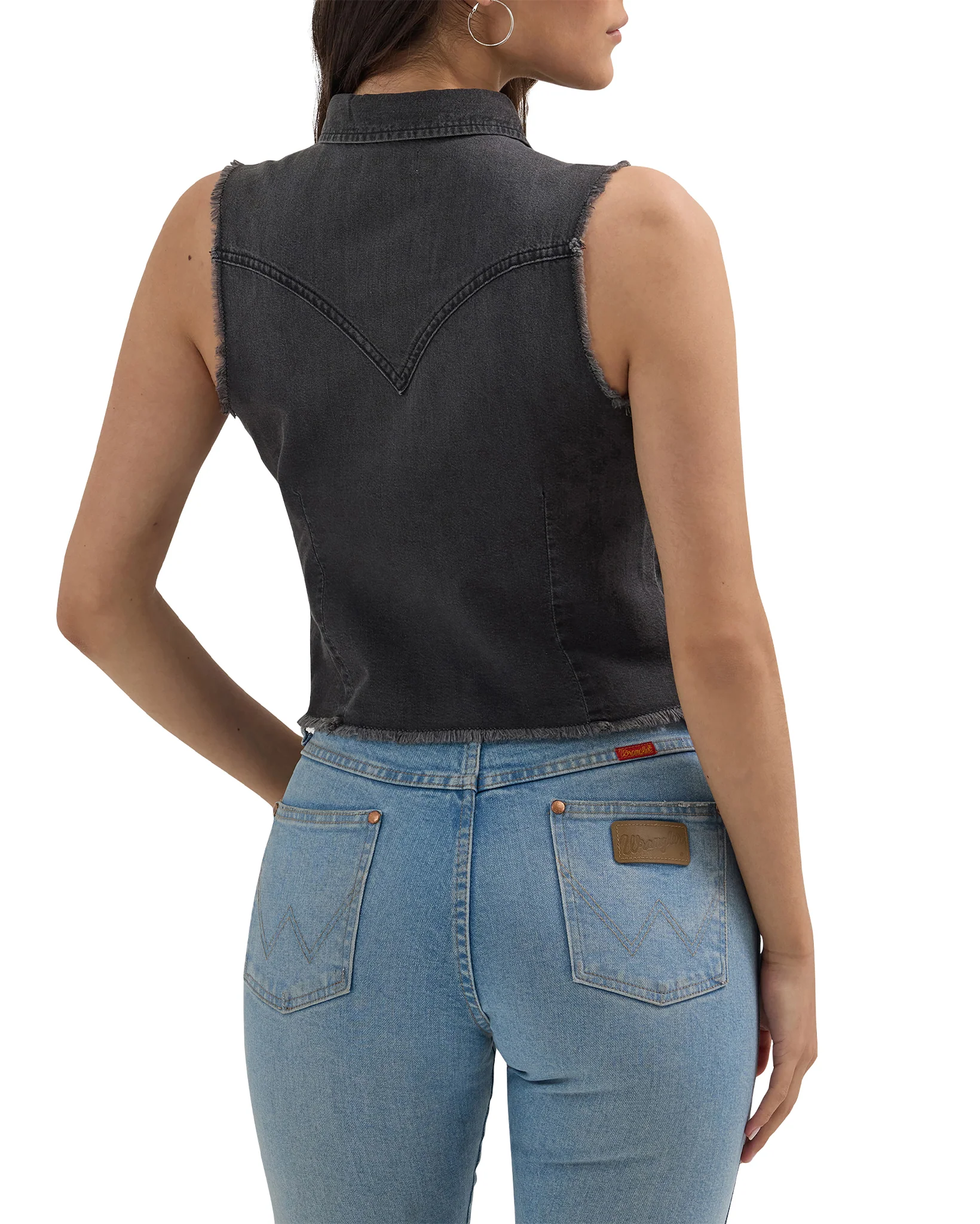 Women's Frayed Denim Crop Western Snap Tank Top - Image 2