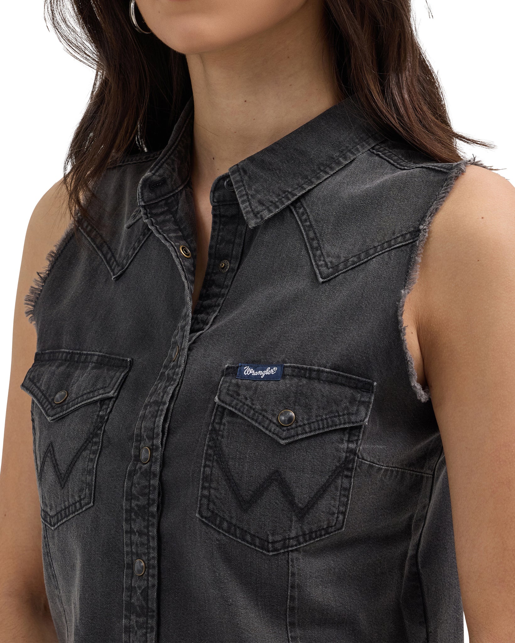 Women's Frayed Denim Crop Western Snap Tank Top - Image 3
