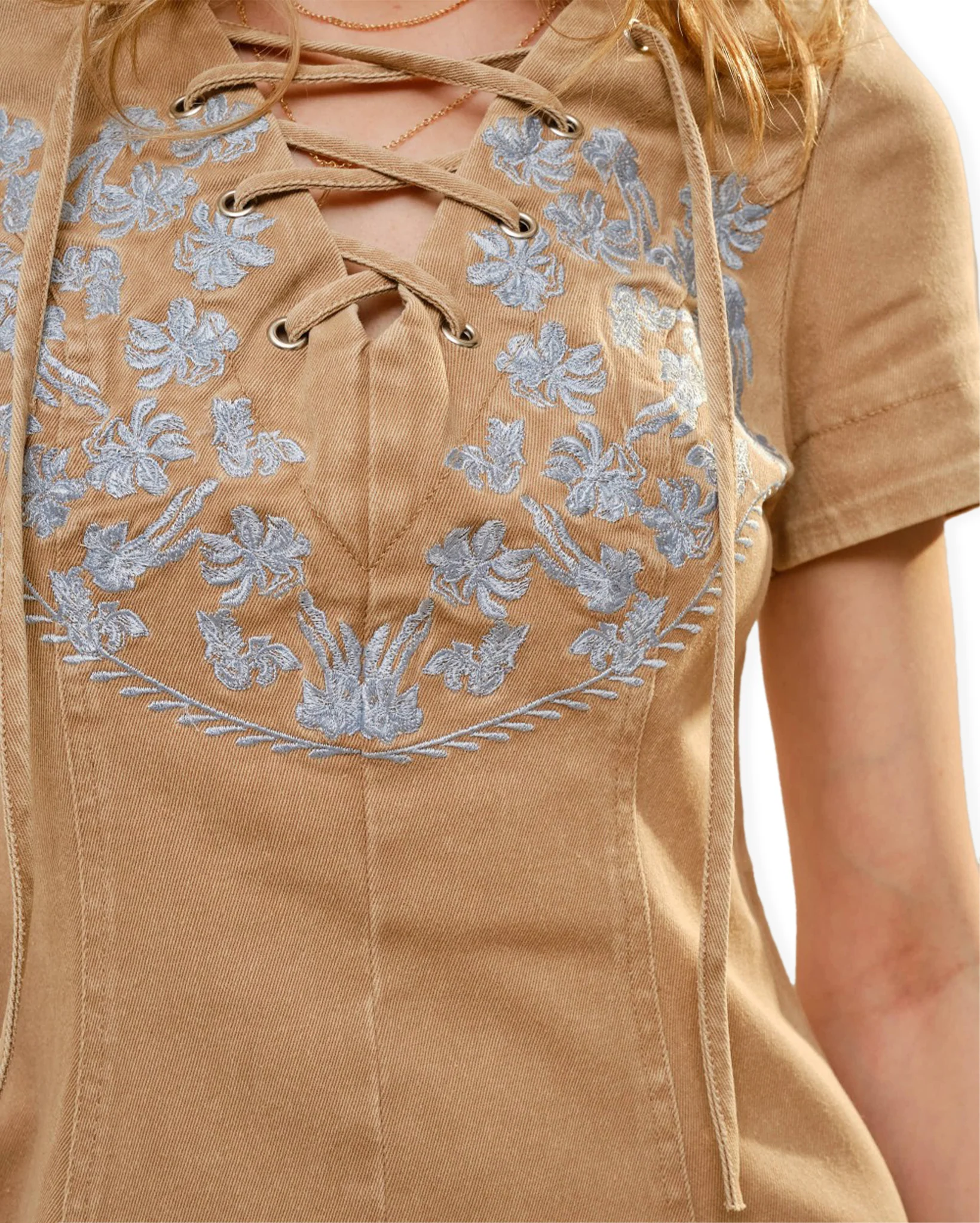 Women's Embroidered Lace Up Denim Mini Dress - Image 3