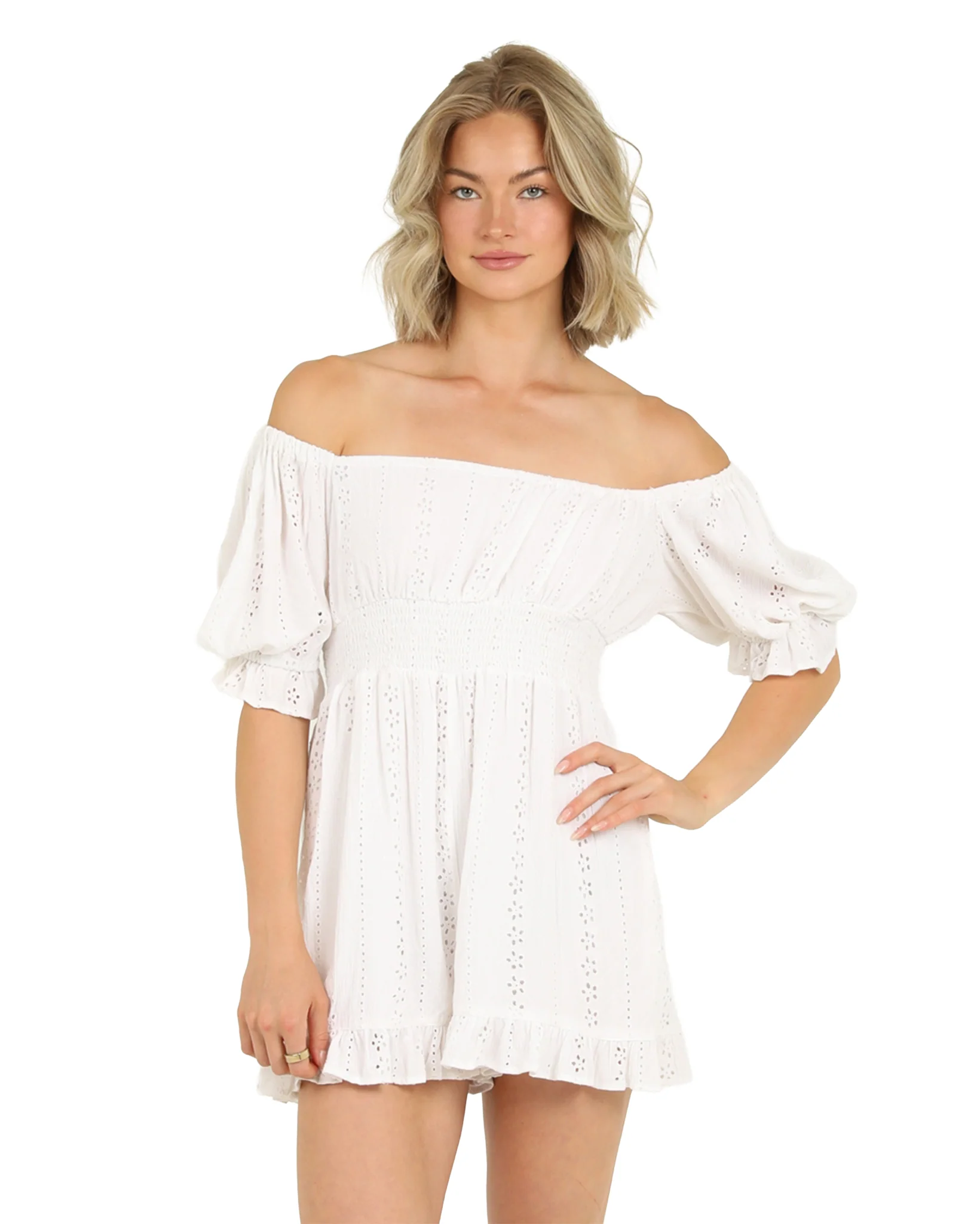 Women's Eyelet Romper - B5A91-Em08-White