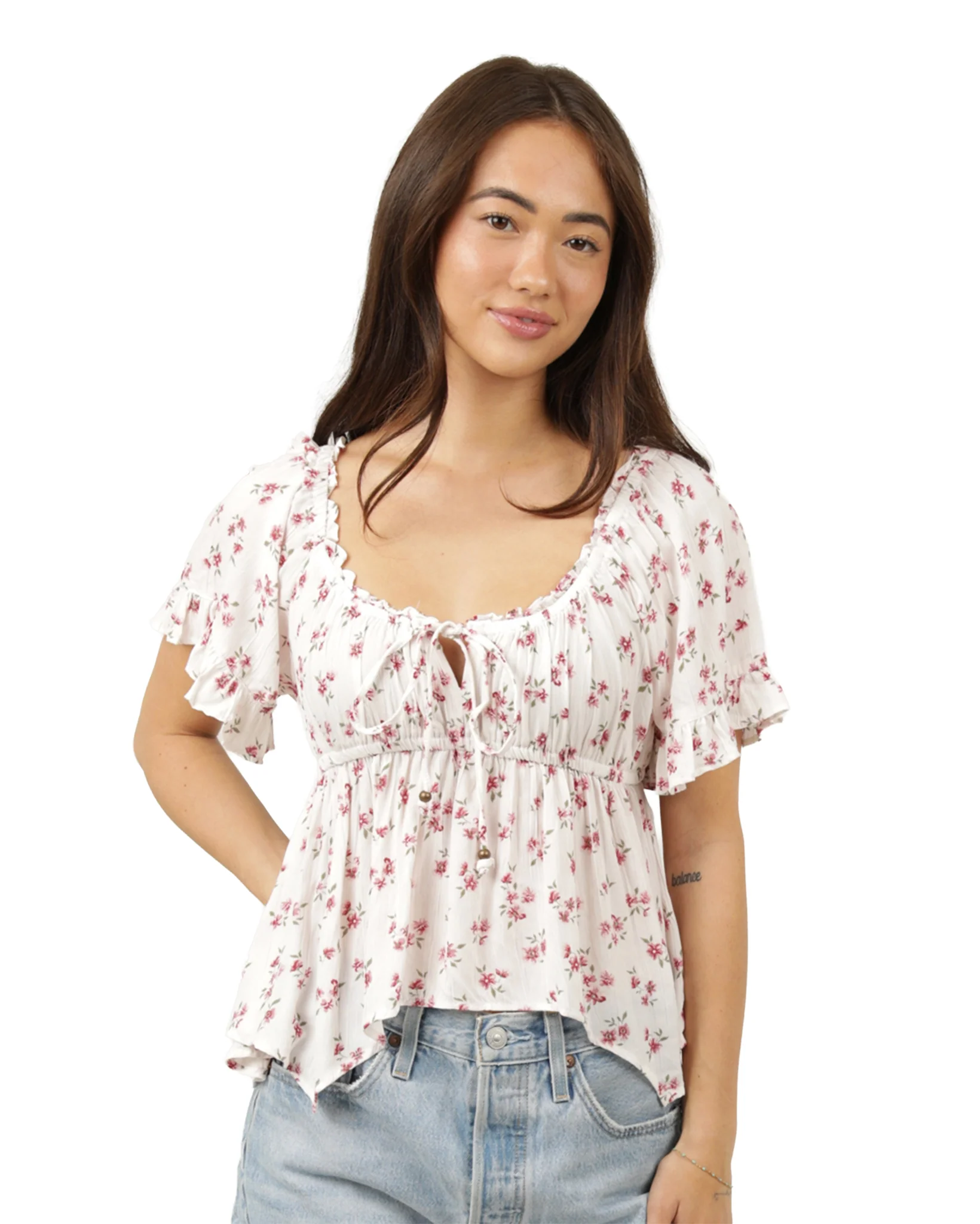 Women's Floral Hanky Hem Blouse - C2E53-Wb02-White