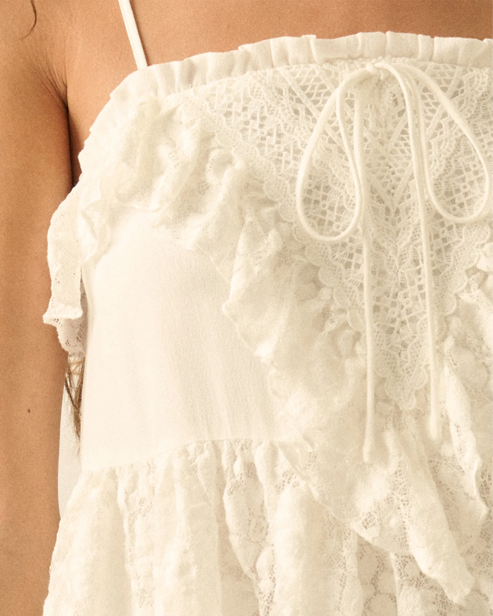 Women's Floral Lace And Cotton Gauze Ruffled Babydoll Cami Top - Ftb0217-Off-White - Image 4