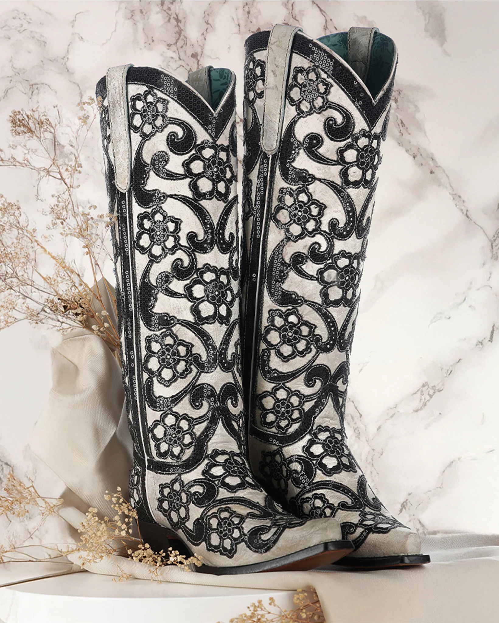 Women's Floral Sequin Tall Top Western Boots - Image 2