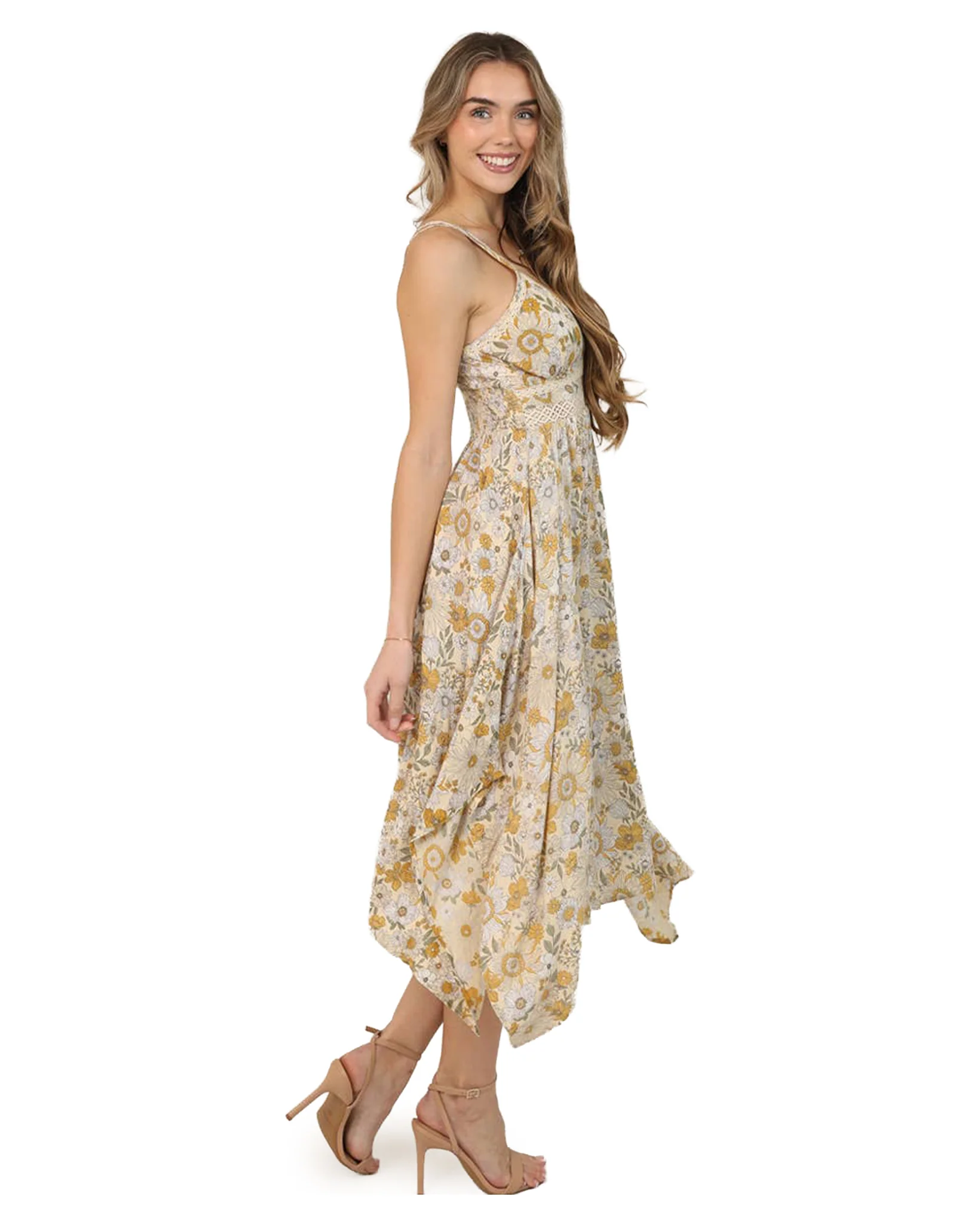 Women's Lace Trim Retro Daisy Print Midi Dress - C4B17-Wb32-Lemon - Image 3