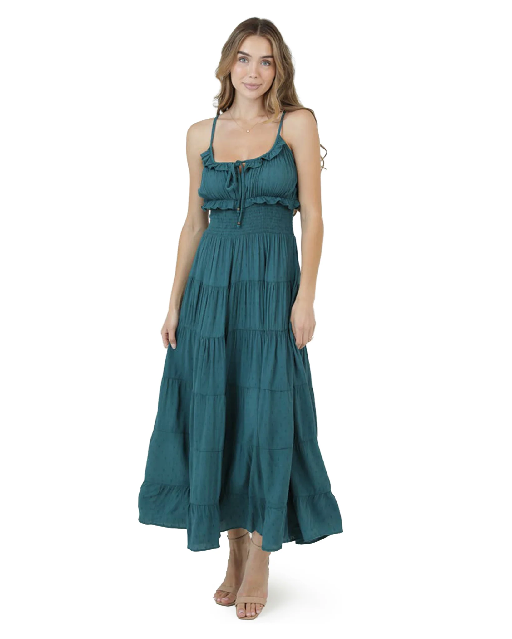 Women's Swiss Dot Ruffle Trim Smocked Waist Maxi Dress - C4D36-SWDT-DARK-TEAL