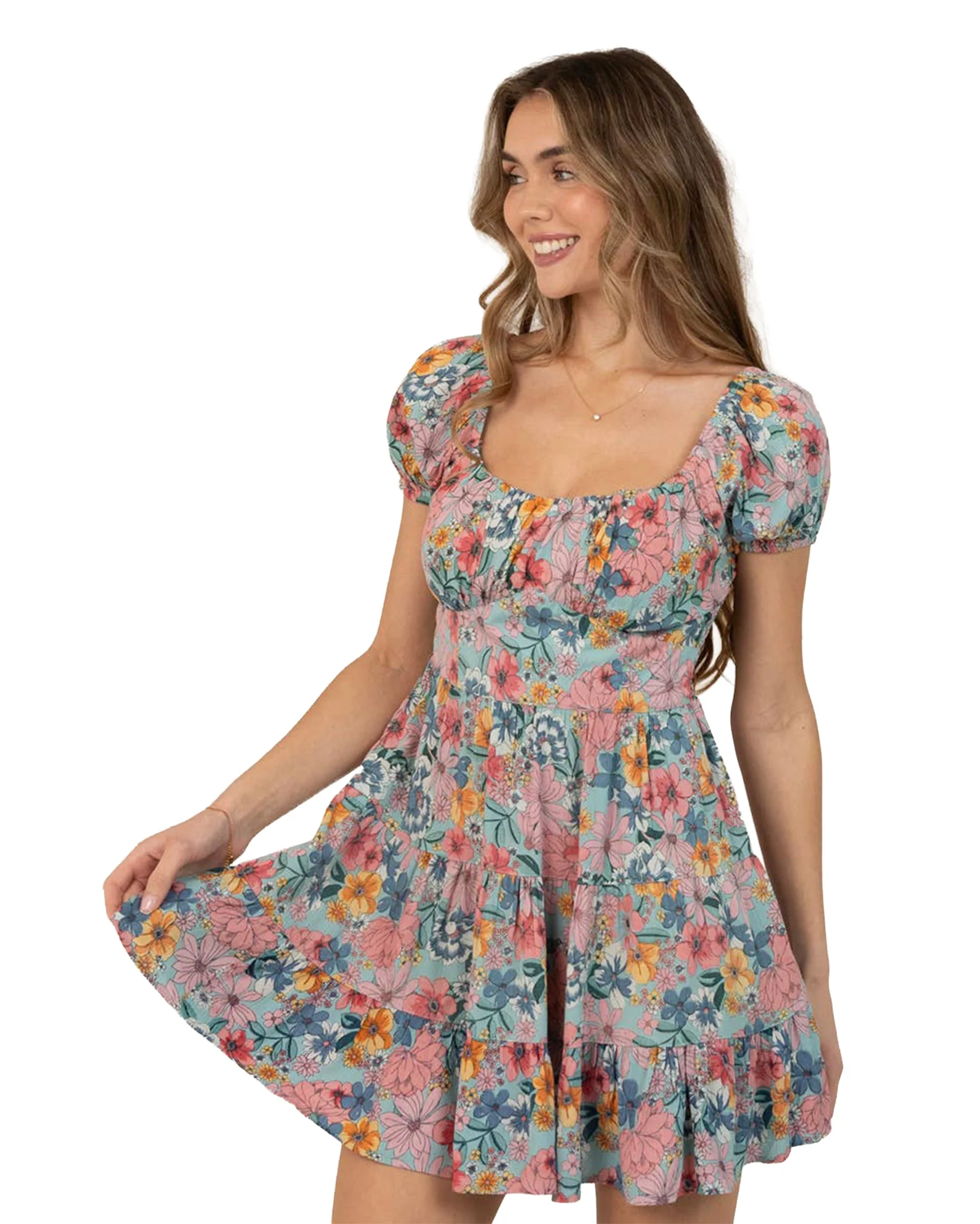 Women's Short Sleeve Floral Mini Dress - C4L09-A855-Teal-Bayou - Image 3