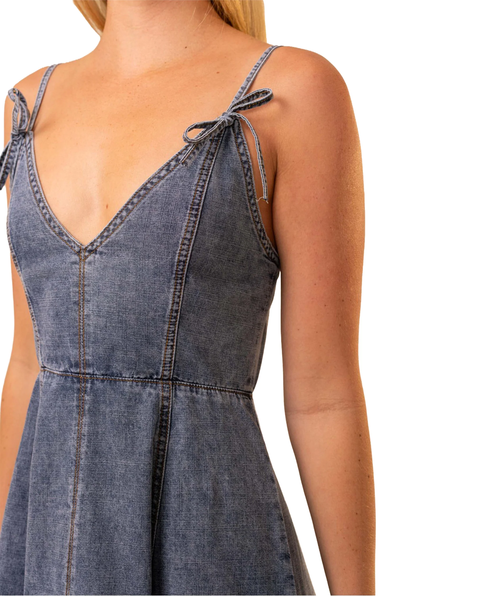 Women's Sleeveless V-Neck Denim Mini Dress - 91953D-Medium-Wash - Image 3
